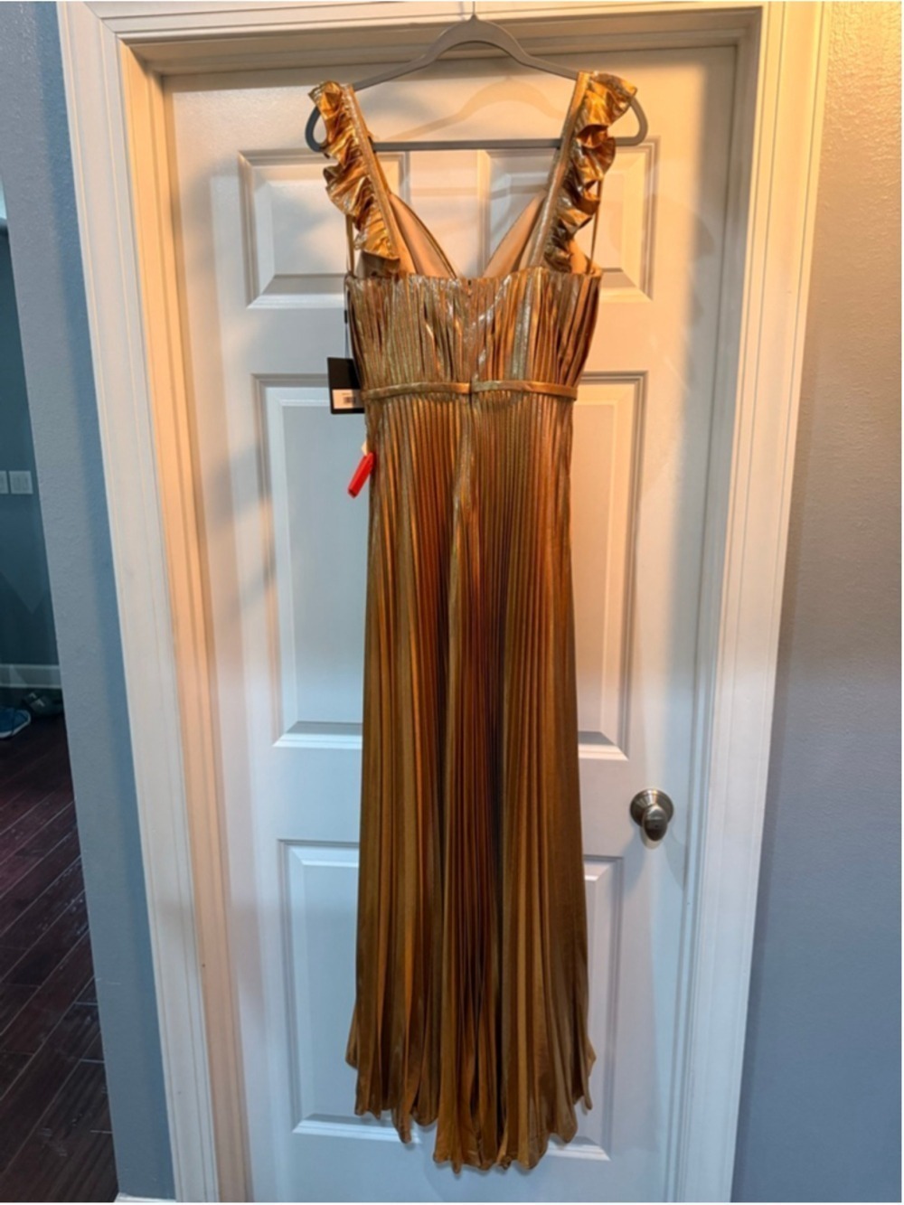Women's Mac Duggal Gold Pleated Ruffled Maxi Dress Size 2 - Picture 11 of 11
